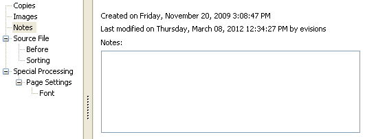 Print parameter properties dialog. Notes is selected from the tree on the left. There is an empty text box for entering notes on the right. 